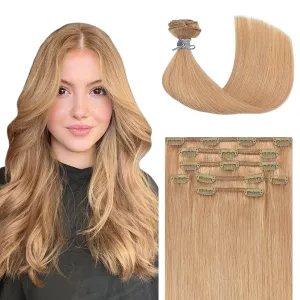 Honsoo Real Human Hair Clip In Hair Extensions 70g Golden Brown 7pcs 15in Silky Straight Hair No Shedding Hair Extensions Clip Ins For Full Head