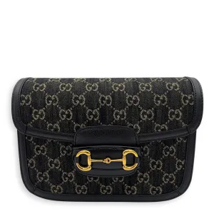 Horsebit 1955 Black Crossbody Bag in Denim, Gold hardware