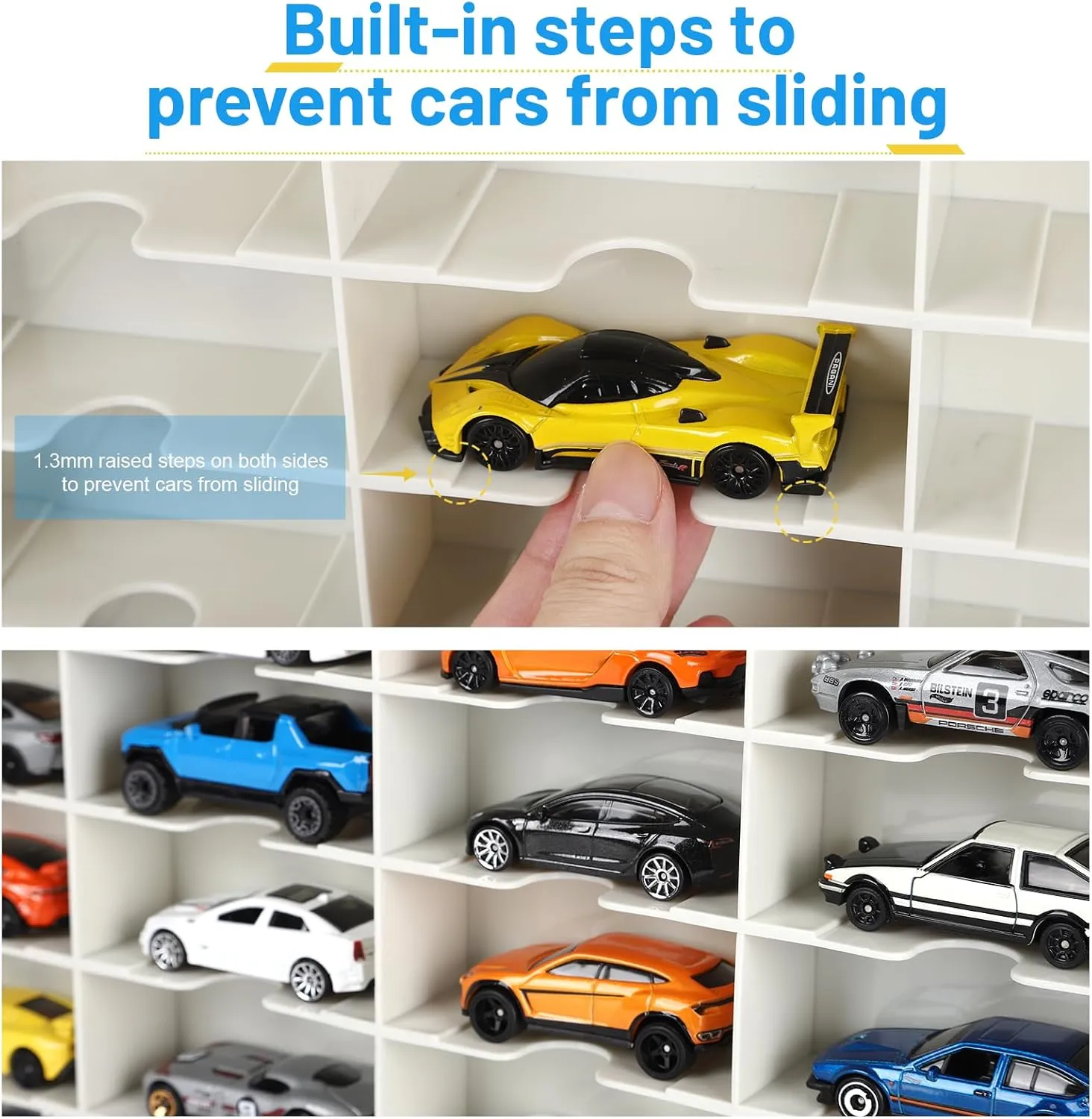 Hot Wheels Storage Case: Carrying Display Case for 1/64 Scale Toy Cars, 48-Slot Double-Sided Transparent Organizer with Built-in Steps Prevent Sliding & Adjustable Dividers