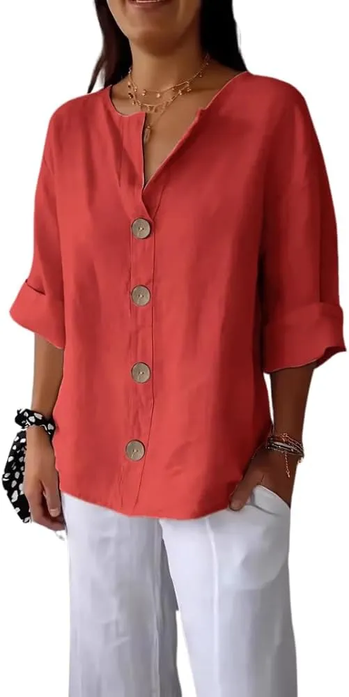 HOTYD Womens 3/4 Sleeve Linen Shirts Button V Neck Cotton Blouses Dressy Casual Solid Henley Shirts Loose Fit Summer Tops