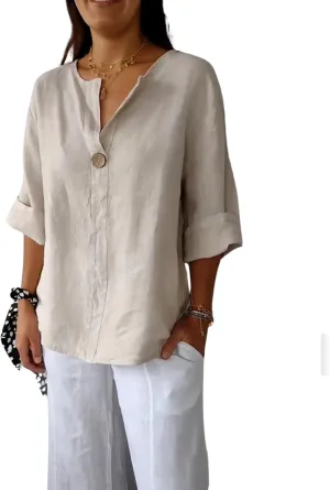 HOTYD Womens 3/4 Sleeve Linen Shirts Button V Neck Cotton Blouses Dressy Casual Solid Henley Shirts Loose Fit Summer Tops