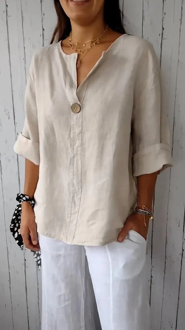 HOTYD Womens 3/4 Sleeve Linen Shirts Button V Neck Cotton Blouses Dressy Casual Solid Henley Shirts Loose Fit Summer Tops