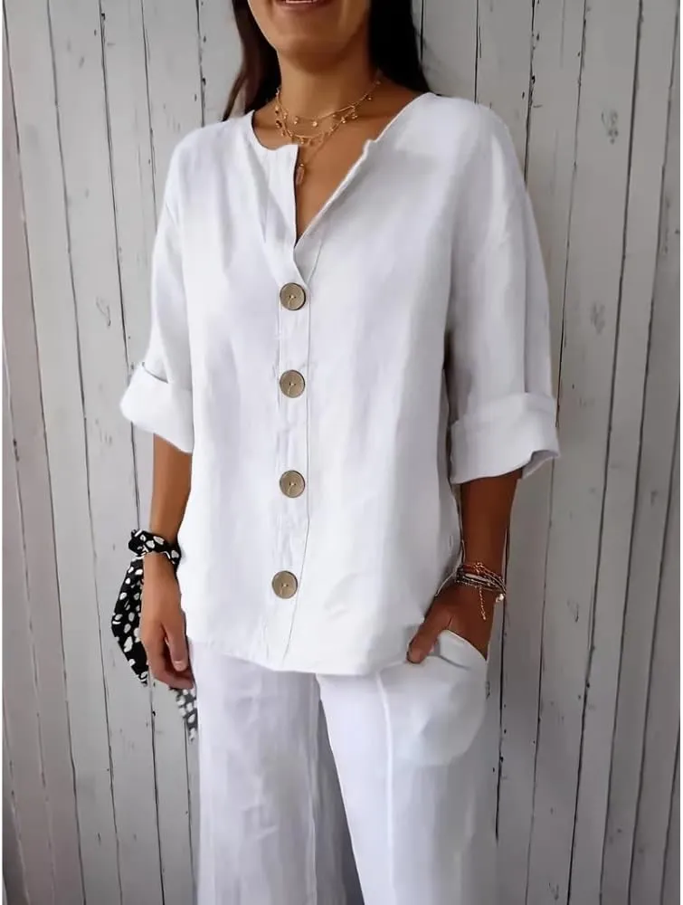 HOTYD Womens 3/4 Sleeve Linen Shirts Button V Neck Cotton Blouses Dressy Casual Solid Henley Shirts Loose Fit Summer Tops