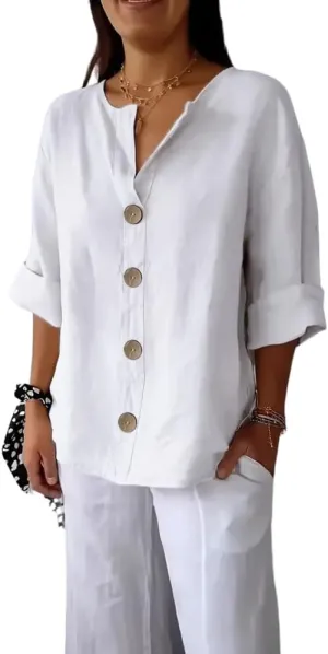 HOTYD Womens 3/4 Sleeve Linen Shirts Button V Neck Cotton Blouses Dressy Casual Solid Henley Shirts Loose Fit Summer Tops