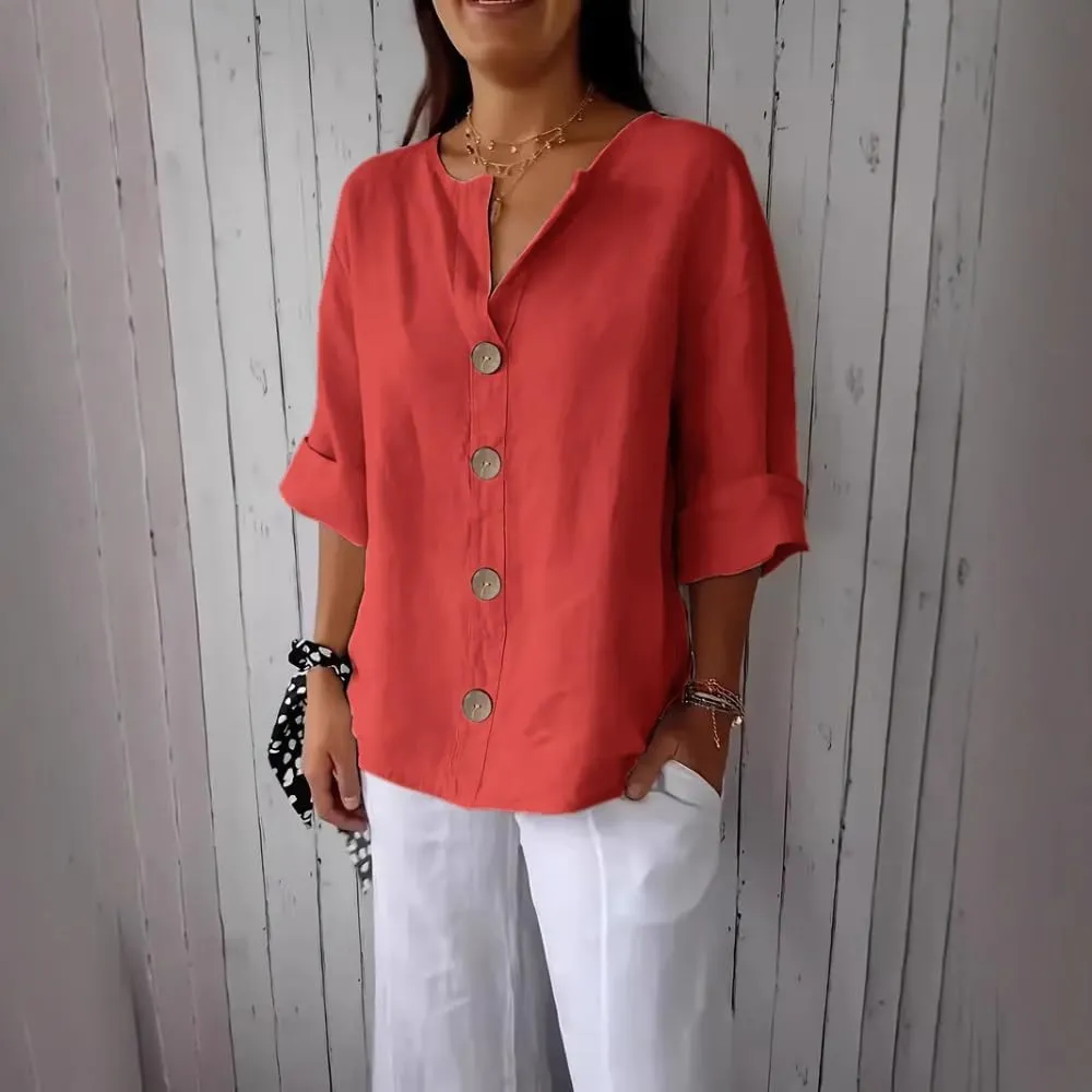 HOTYD Womens 3/4 Sleeve Linen Shirts Button V Neck Cotton Blouses Dressy Casual Solid Henley Shirts Loose Fit Summer Tops