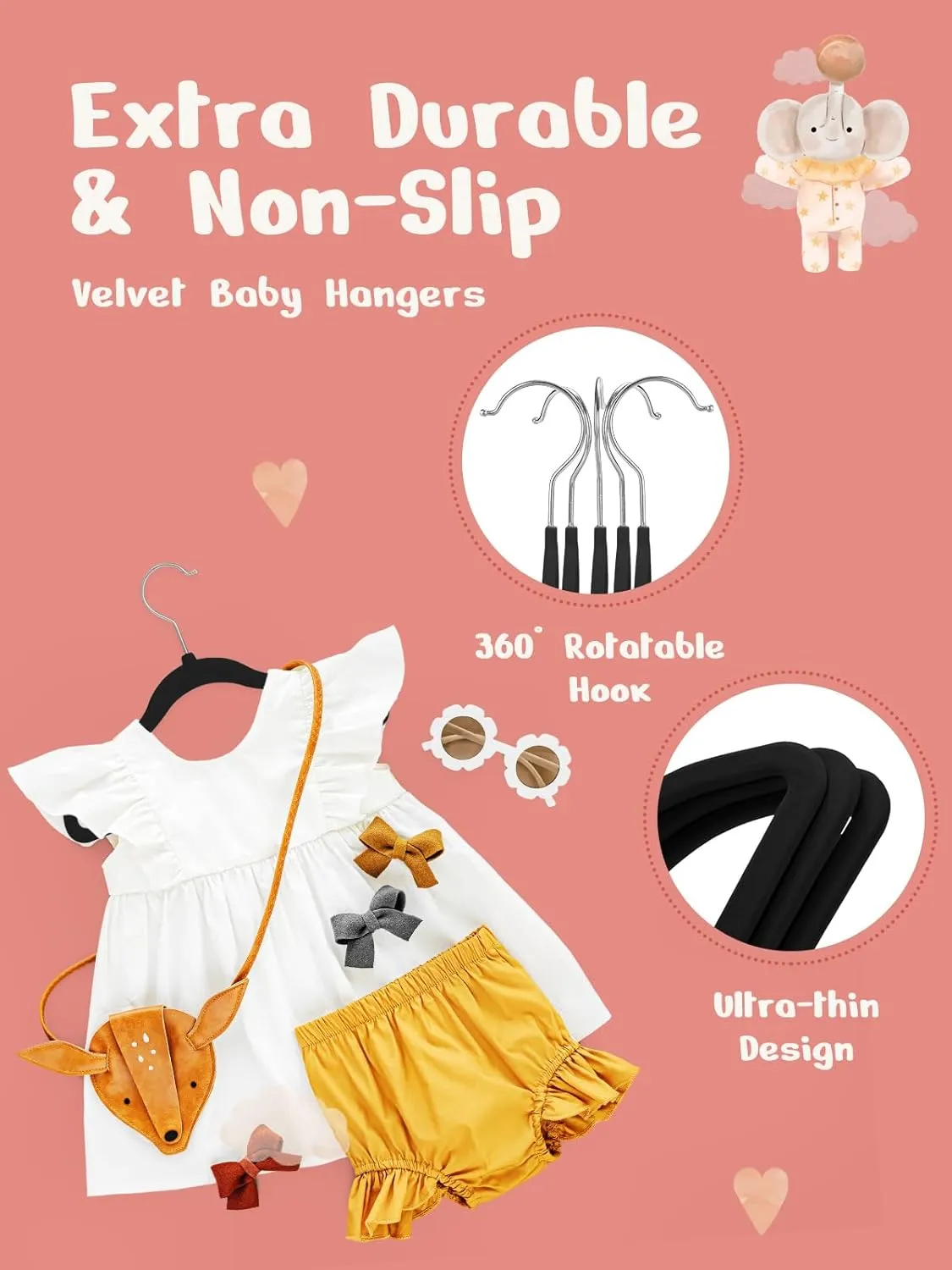 HOUSE DAY Black Velvet Baby Hangers 20 Pack, Premium Kids Hangers for Children, Infant & Toddler Clothes, Durable Non Slip Baby Felt Hanger, 11 Inch Hanger for Closet, Ideal for Everyday Use