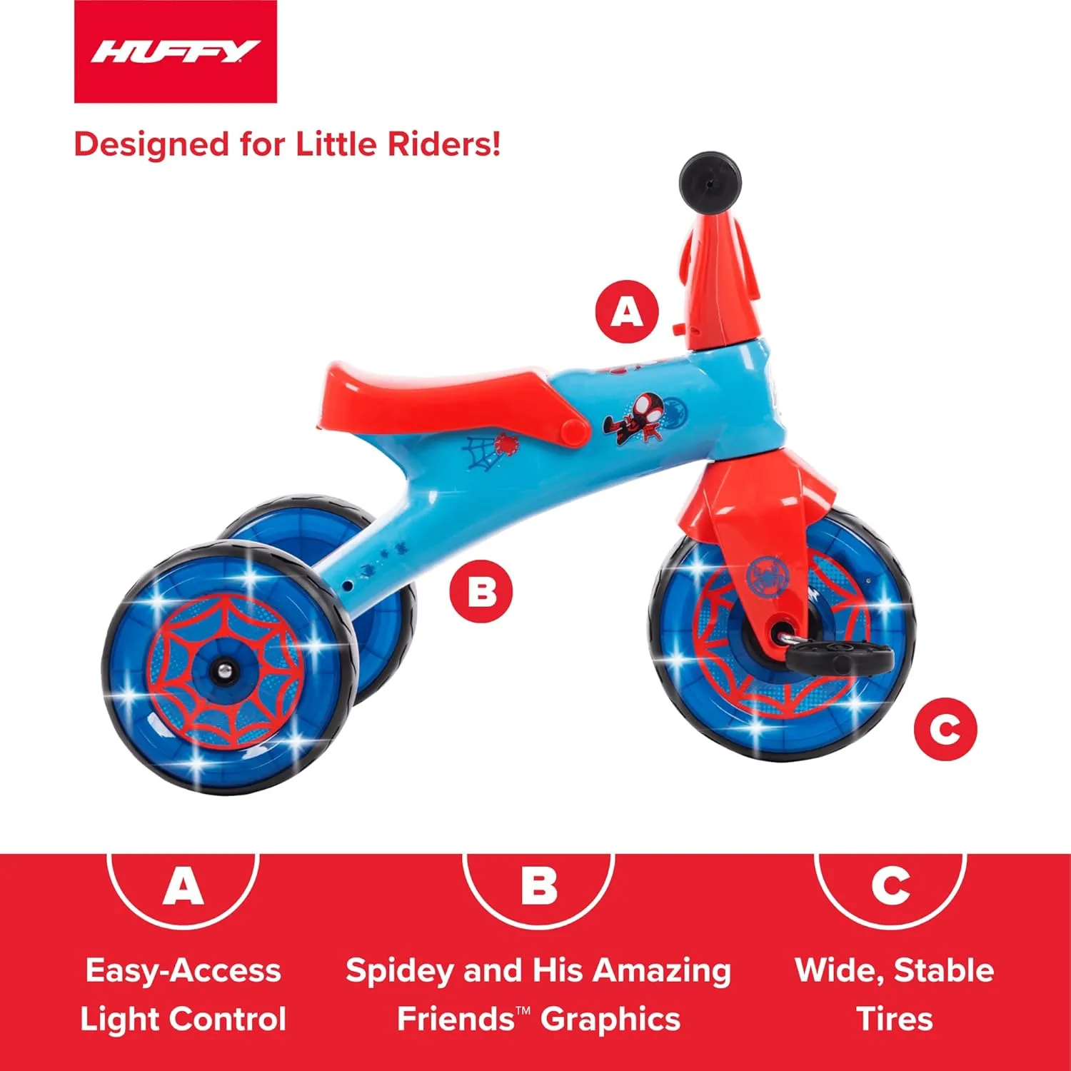 Huffy Marvel Spidey and His Amazing Friends Light Up Kids' Trike, Ideal for Ages 3  Years Old, LED Light Feature, Under Seat Storage, Fun and Playful Design, Spidey and His Amazing Friends Graphics