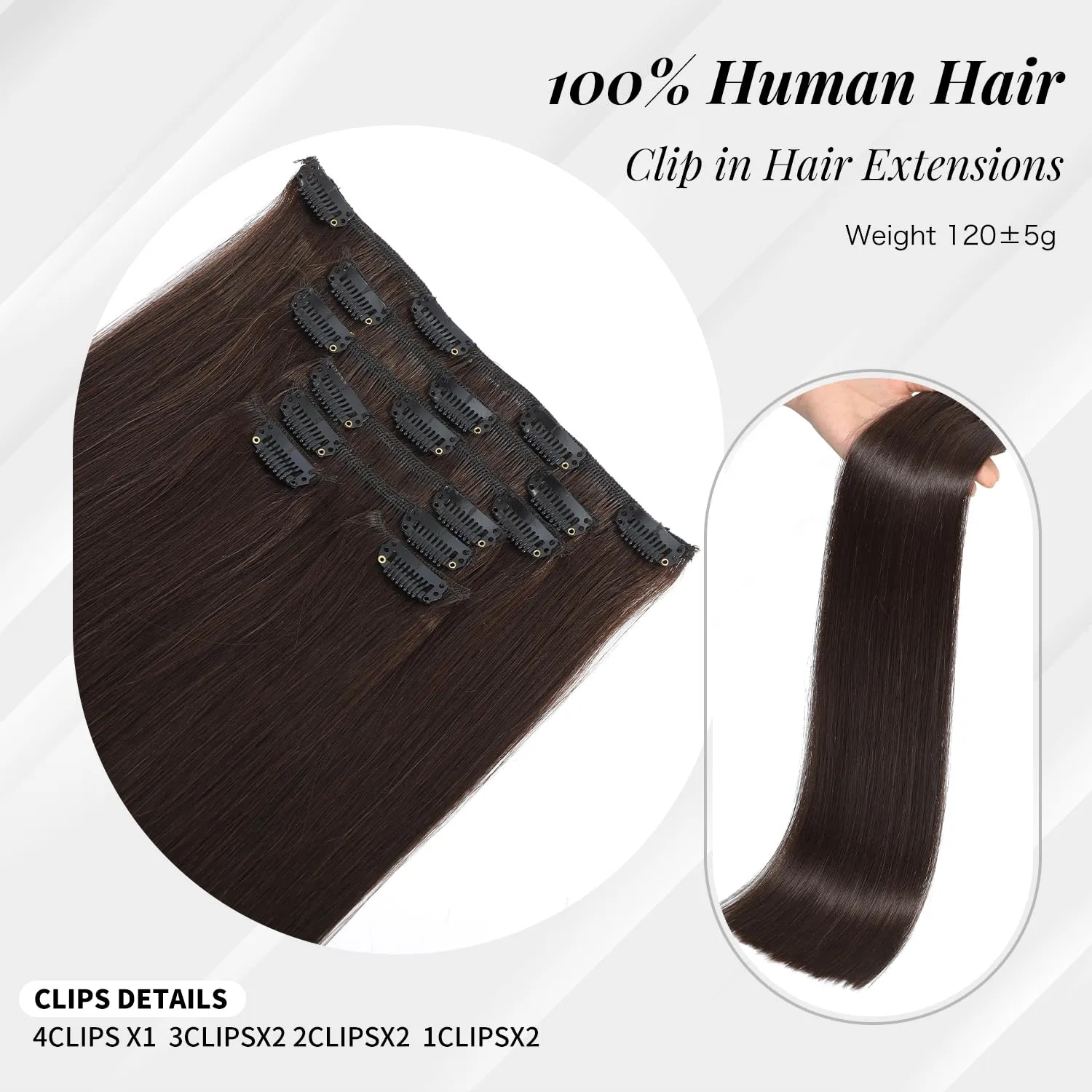 Human Hair Clip In Extensions Dark Brown Real Human Hair 22 Inch 7pcs 120g Remy Straight Hair Extensions Seamless Double Weft 16clips ins for Fashion Women