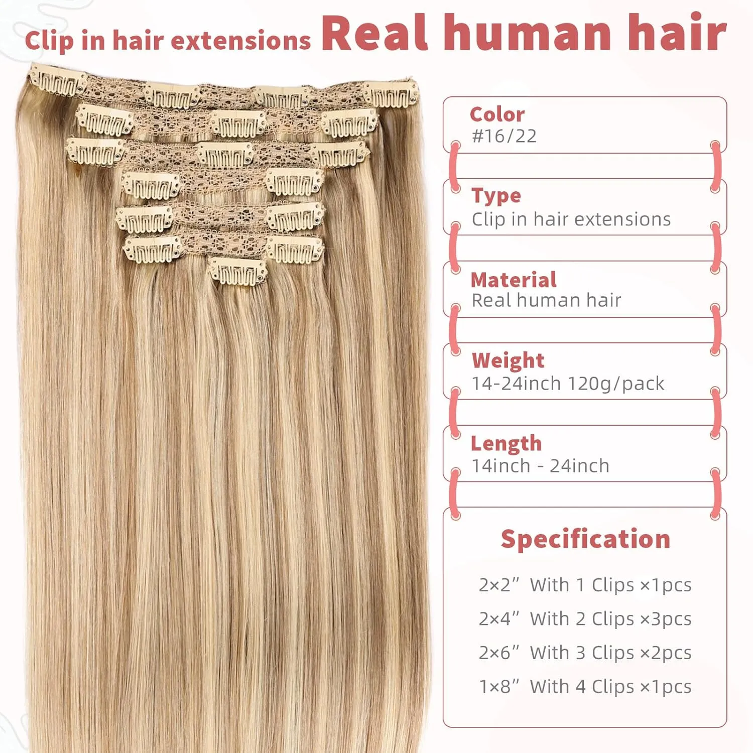 human hair clip in extensions Soft&Natural 120g 7pcs hair extensions real human hair clip insHair Straight&Invisible (14 Inch,#16/22)