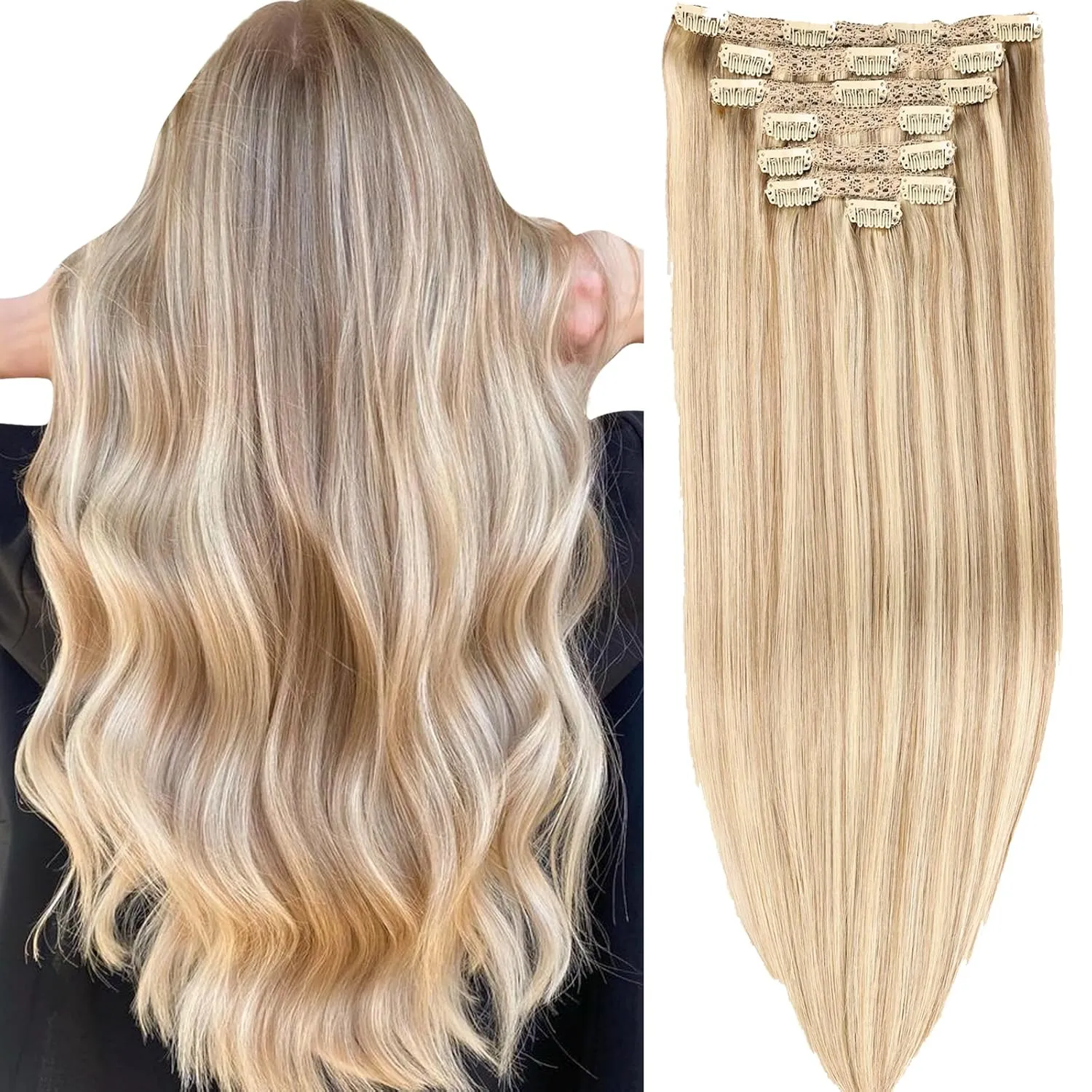human hair clip in extensions Soft&Natural 120g 7pcs hair extensions real human hair clip insHair Straight&Invisible (14 Inch,#16/22)