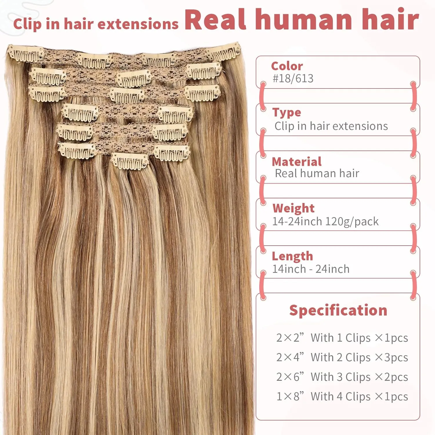 human hair clip in extensions Soft&Natural 120g 7pcs hair extensions real human hair clip insHair Straight&Invisible (14Inch, 18/613)
