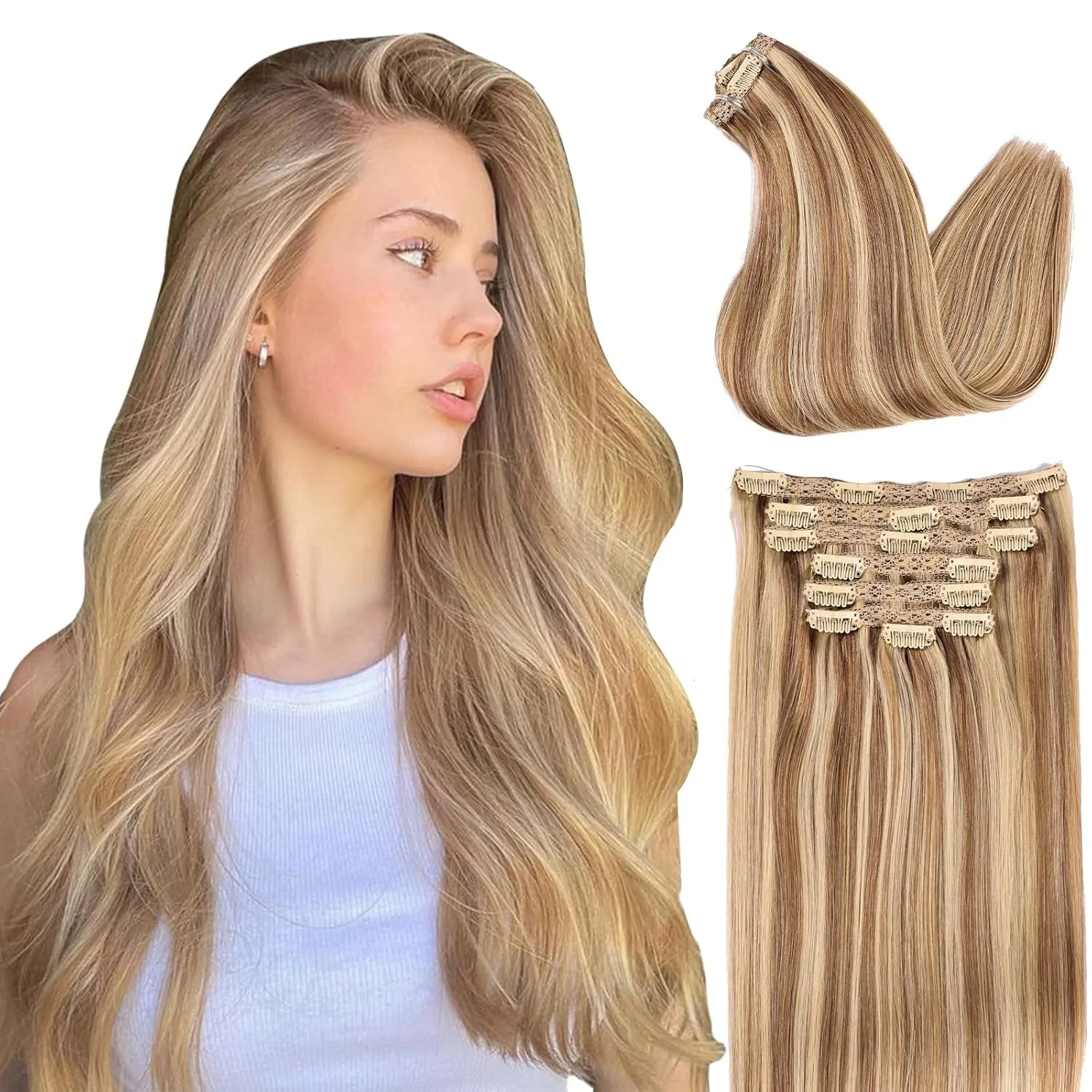 human hair clip in extensions Soft&Natural 120g 7pcs hair extensions real human hair clip insHair Straight&Invisible (14Inch, 18/613)