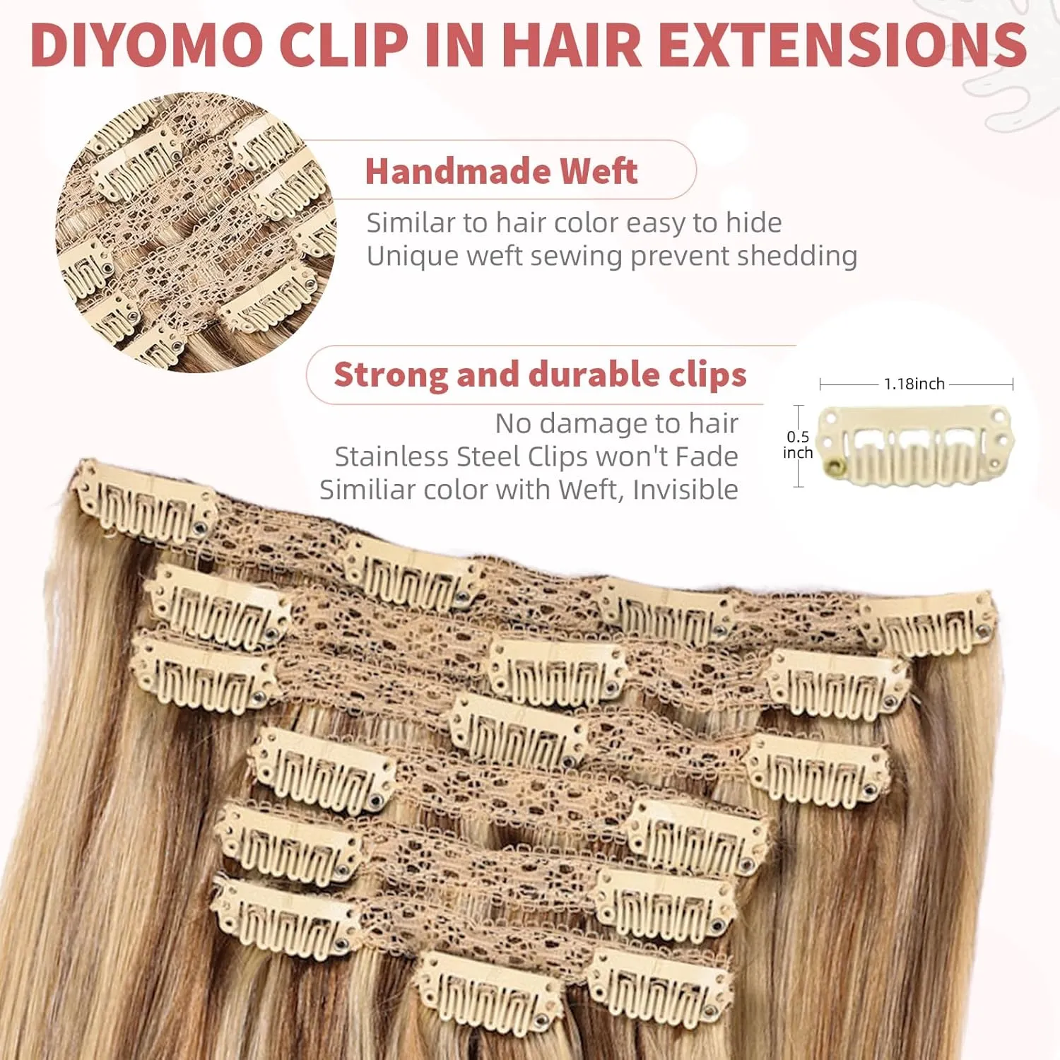 human hair clip in extensions Soft&Natural 120g 7pcs hair extensions real human hair clip insHair Straight&Invisible (14Inch, 18/613)