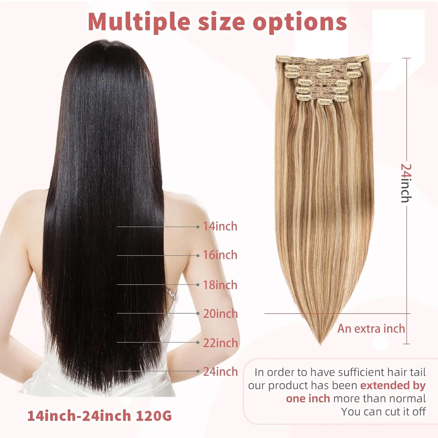 human hair clip in extensions Soft&Natural 120g 7pcs hair extensions real human hair clip insHair Straight&Invisible (14Inch, 18/613)