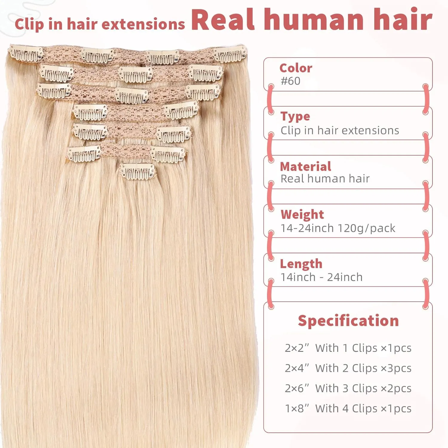human hair clip in extensions,Soft&Natural clip in hair extensions real human hair 120g 7pcs Straight (14 Inch, #60 Blonde)