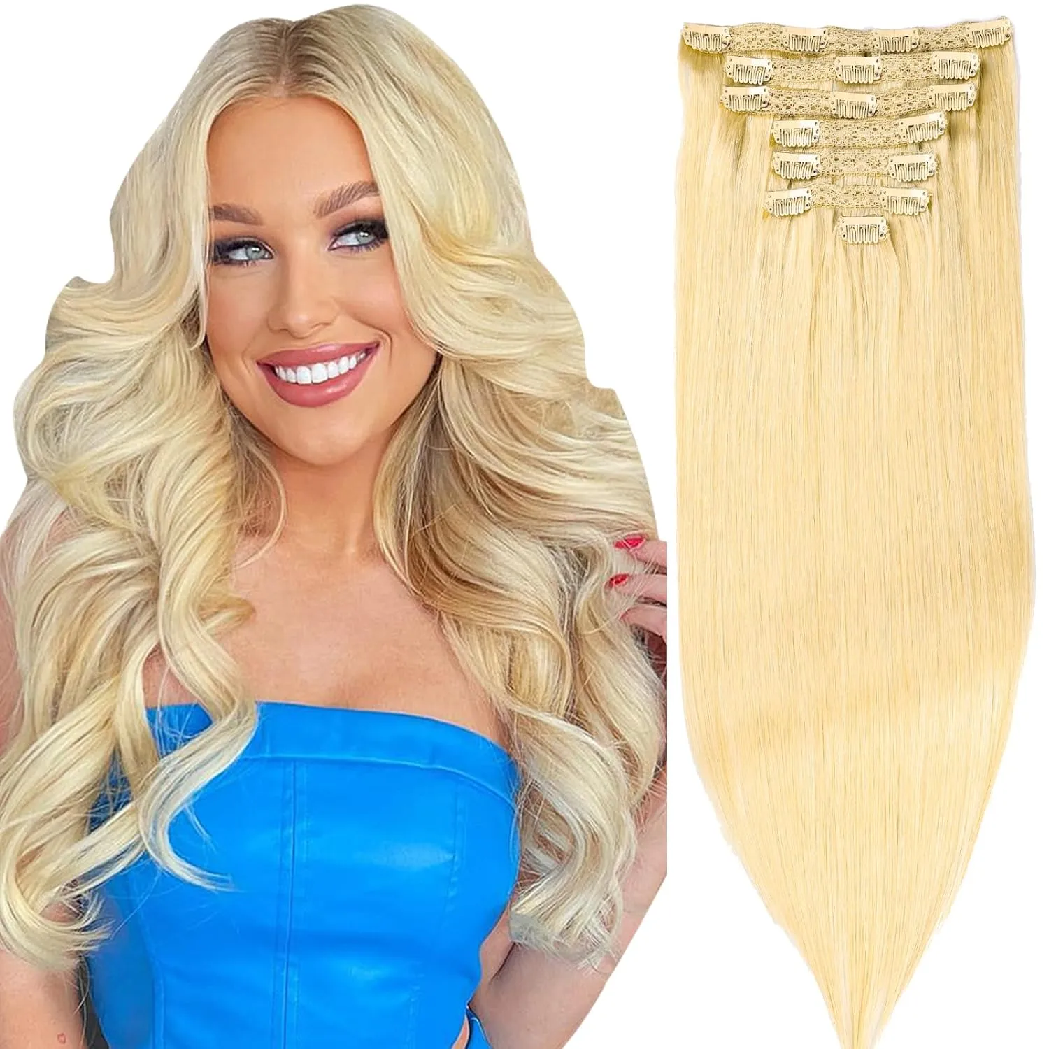 human hair clip in extensions,Soft&Natural clip in hair extensions real human hair 120g 7pcs Straight (14 Inch, #60 Blonde)
