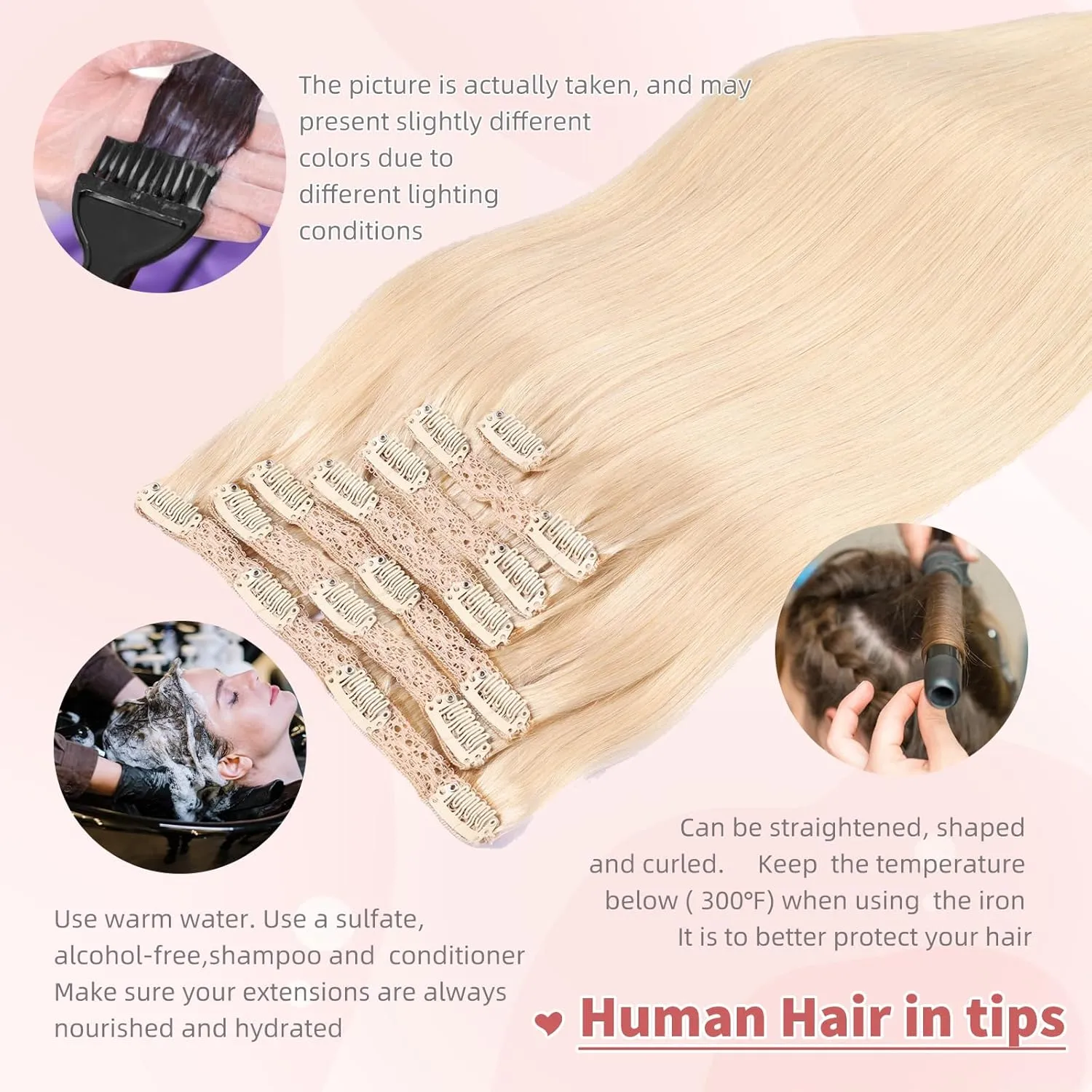 human hair clip in extensions,Soft&Natural clip in hair extensions real human hair 120g 7pcs Straight (14 Inch, #60 Blonde)