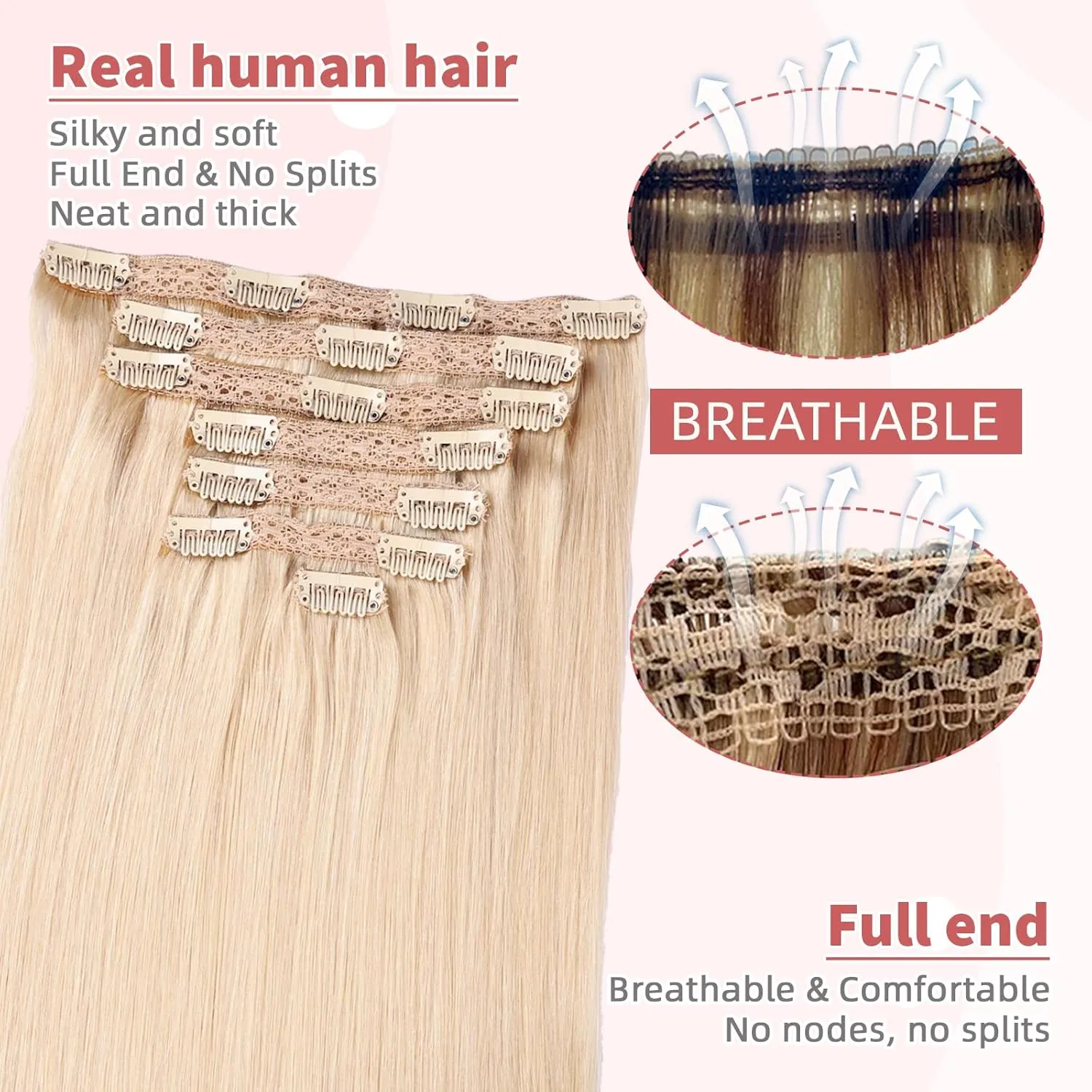 human hair clip in extensions,Soft&Natural clip in hair extensions real human hair 120g 7pcs Straight (14 Inch, #60 Blonde)