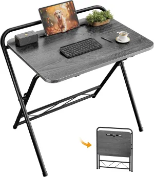 Huuger Folding Desk with 3-Level Adjustable Height and Tablet Slot, 24 Inch Foldable Computer Desk for Small Spaces, Space Saving, Writing Work Table for Home Office, Bedroom, Study, Grey