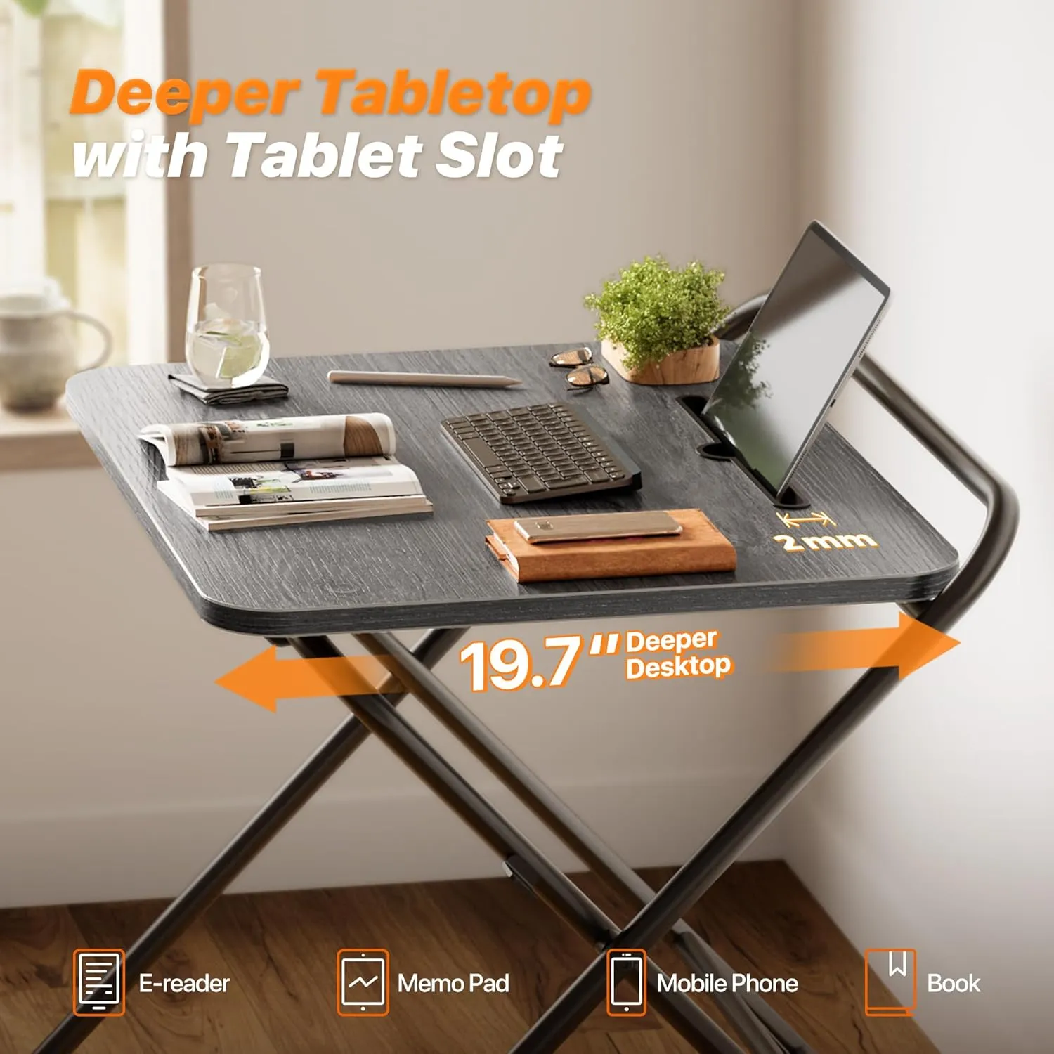 Huuger Folding Desk with 3-Level Adjustable Height and Tablet Slot, 24 Inch Foldable Computer Desk for Small Spaces, Space Saving, Writing Work Table for Home Office, Bedroom, Study, Grey