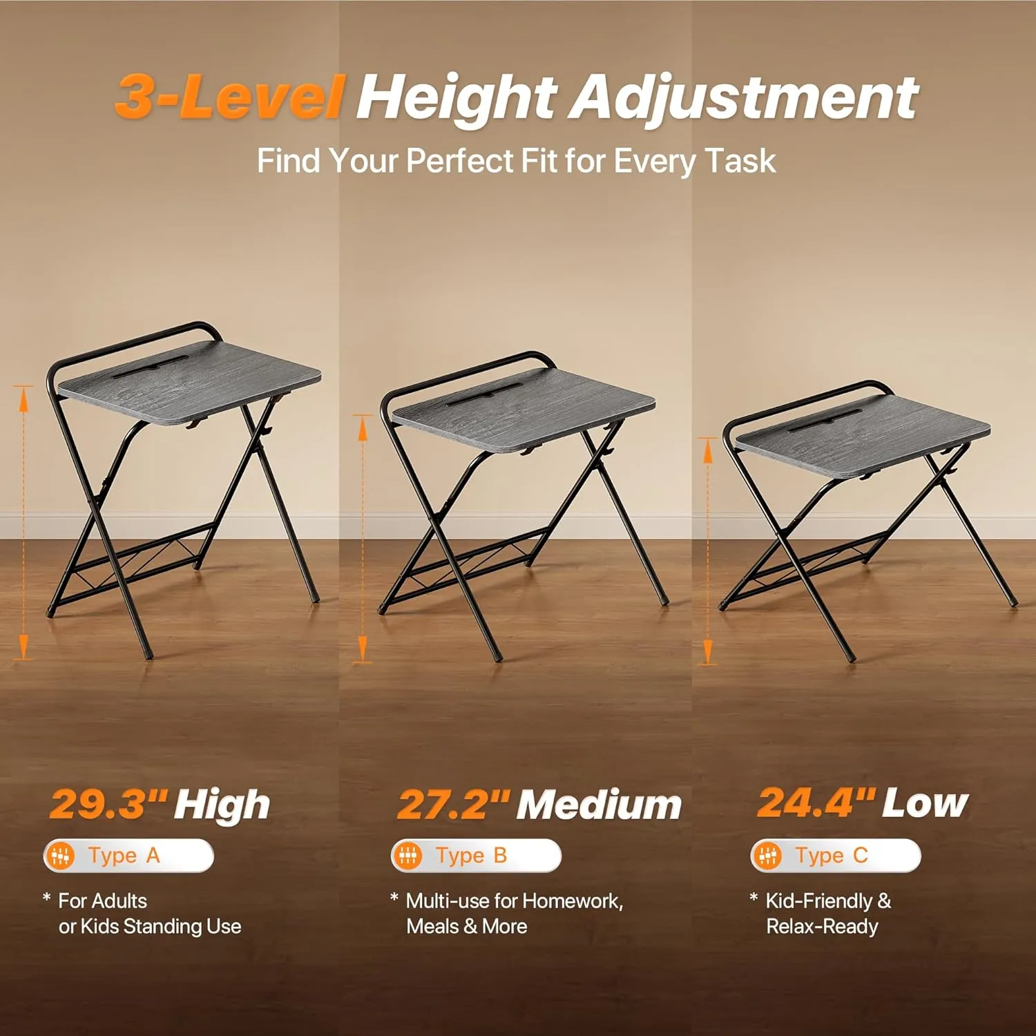 Huuger Folding Desk with 3-Level Adjustable Height and Tablet Slot, 24 Inch Foldable Computer Desk for Small Spaces, Space Saving, Writing Work Table for Home Office, Bedroom, Study, Grey