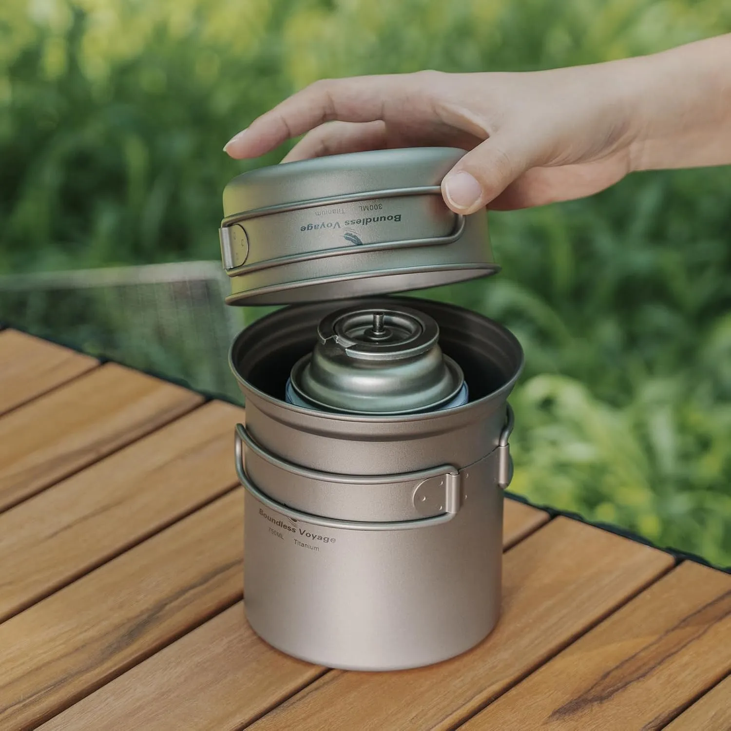 iBasingo 2 Piece-Set Titanium Bowl Pot Set with Folding Handle Outdoor Camping Picnic Pan Ultralight Cooking Tableware Picnic Dishes