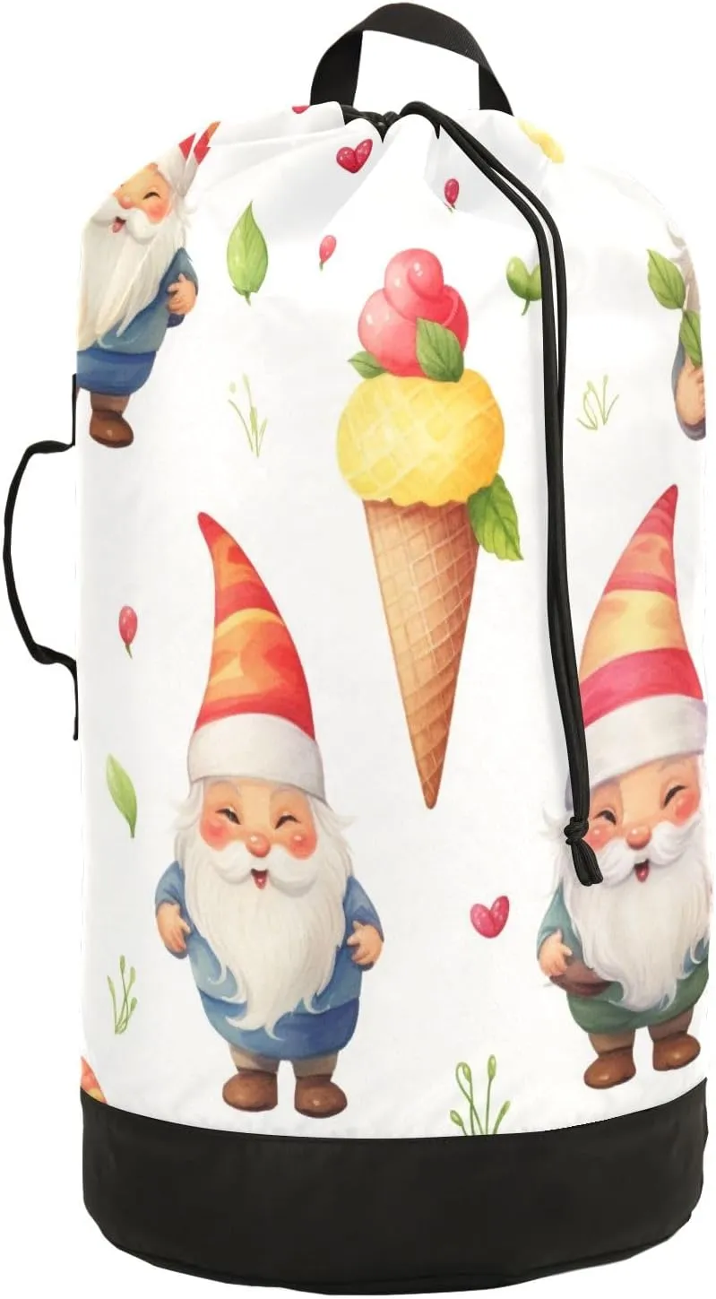 Ice Cream Dwarf Laundry Backpack Bag with Drawstring Closure Waterproof Laundry Bag Laundry Hamper Clothes Storage for Travel Laundromat Apartment
