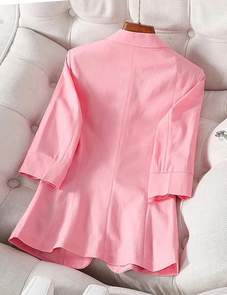 IDEALSANXUN Womens Cropped Linen Blazer Casual 3/4 Sleeve Lightweight Spring Summer Jackets Tops