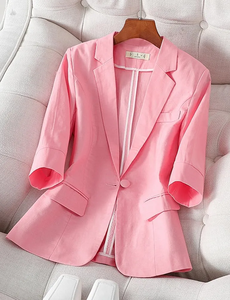 IDEALSANXUN Womens Cropped Linen Blazer Casual 3/4 Sleeve Lightweight Spring Summer Jackets Tops