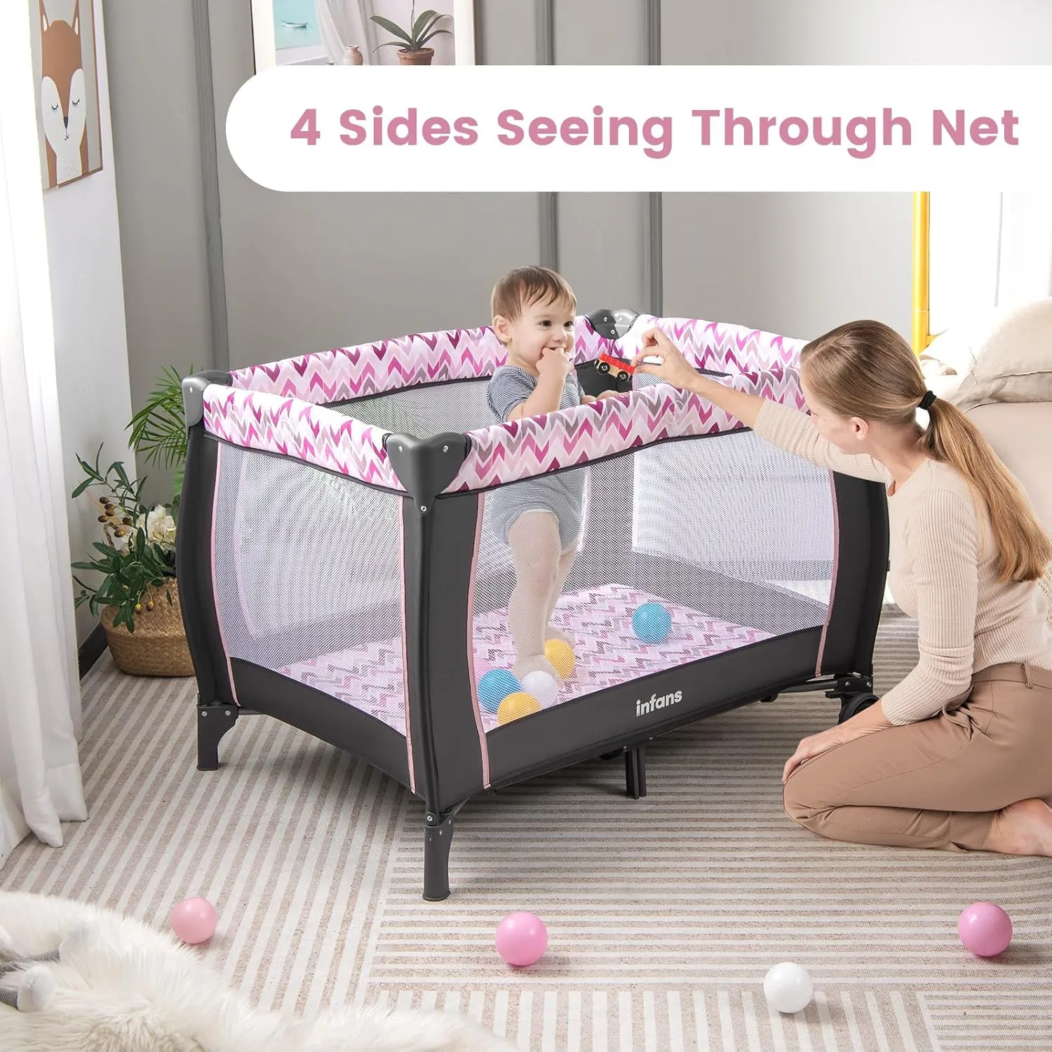 INFANS 4 in 1 Pack and Play, Portable Travel Baby Playard with Bassinet, Changing Table, Canopy, Mosquito Net, Hanging Toys, Music Box, Storage Bag, Large Playpen from Newborn to Toddlers (Pink)