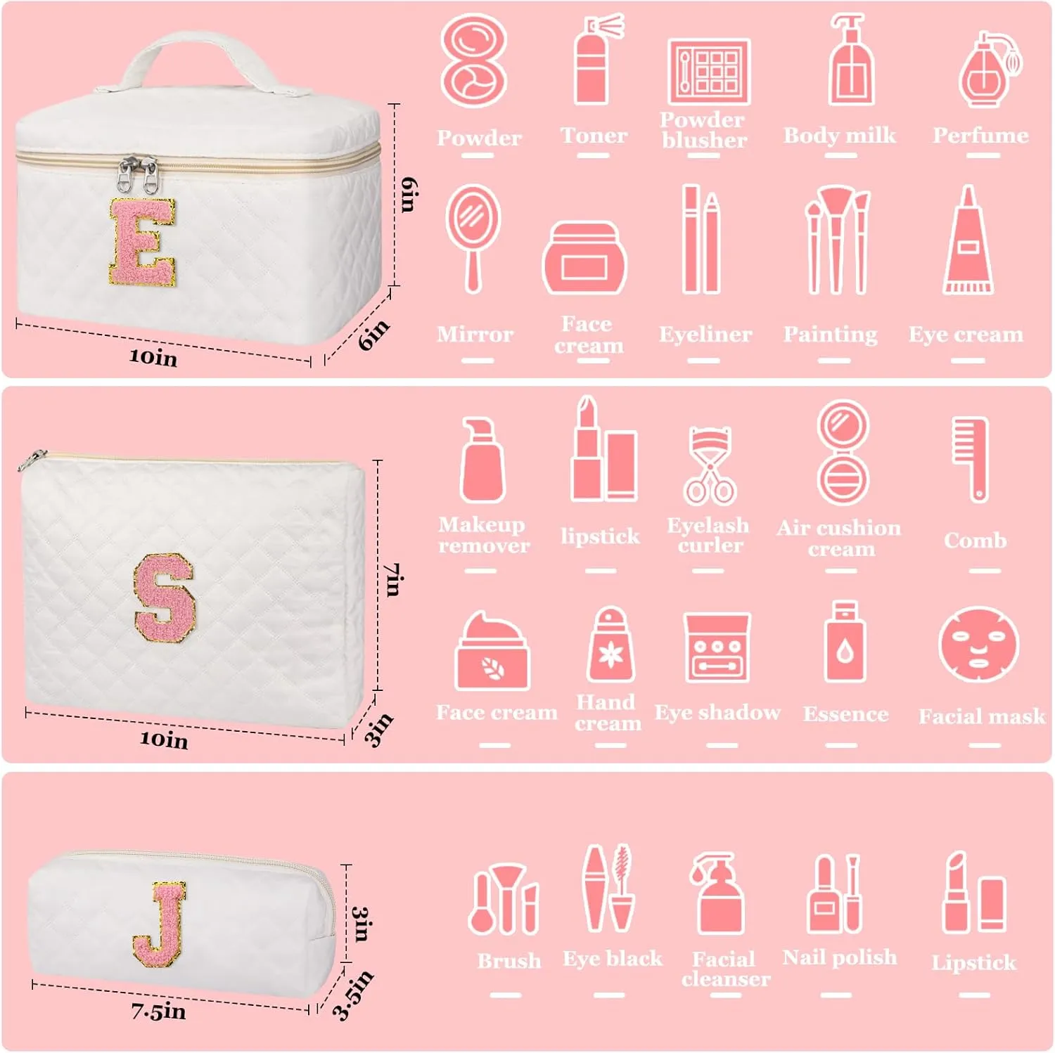 Initial Makeup Bag, Personalized Monogram Cosmetic Bag Set, Large Make up Bags | Travel Toiletry Bag | Makeup Bag for Girls Teen Girl Friend Sister Wife Girlfriend Gifts Daughter (Letter S)