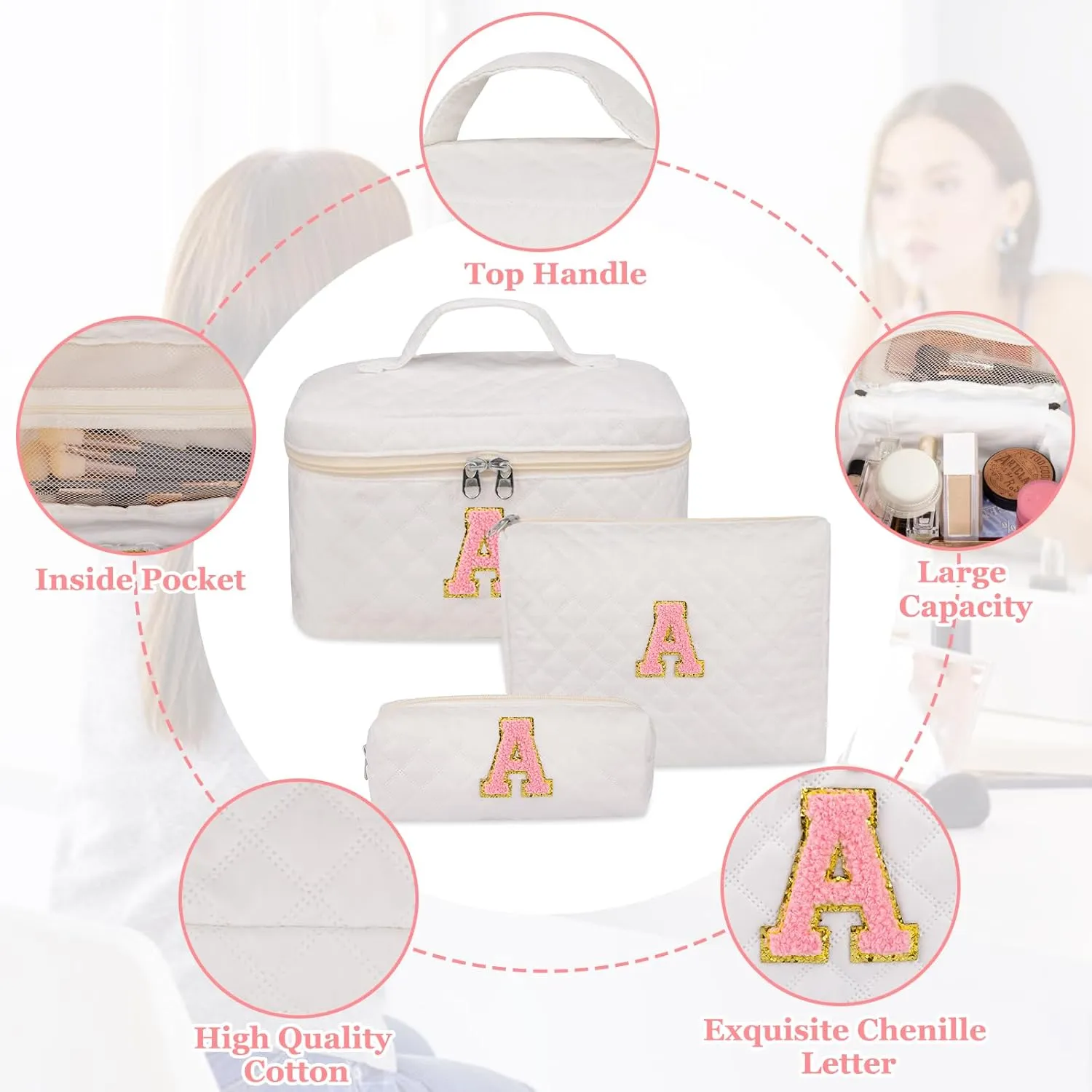 Initial Makeup Bag, Personalized Monogram Cosmetic Bag Set, Large Make up Bags | Travel Toiletry Bag | Makeup Bag for Girls Teen Girl Friend Sister Wife Girlfriend Gifts Daughter (Letter S)