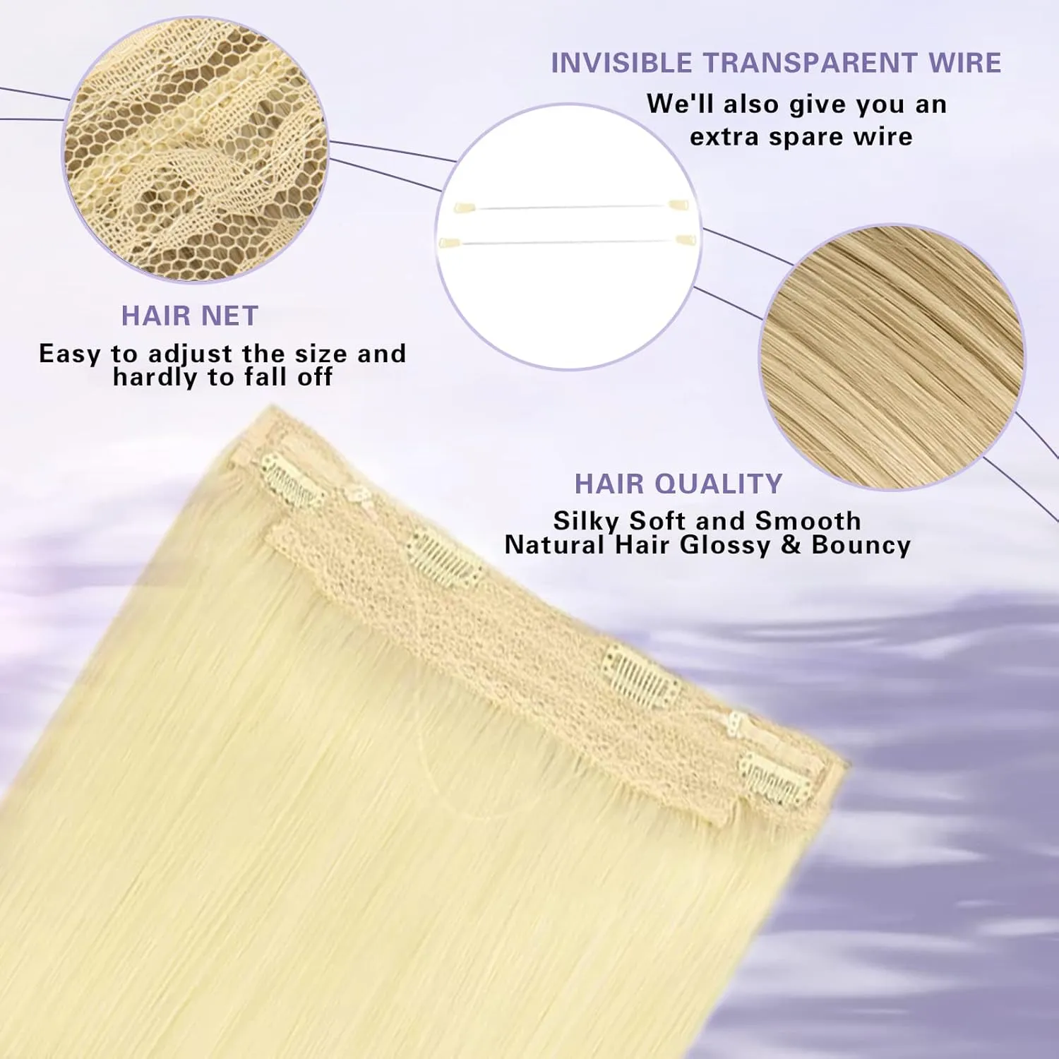 Invisible Wire Hair Extensions with Transparent Headband Adjustable Size 4 Secure Clips Straight Secret Hairpiece for Women（75g,14Inch Bleached Blonde）