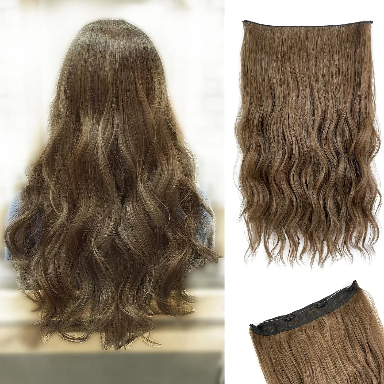 Invisible Wire Halo Hair Extensions for Women Long Wavy Adjustable Hair Pieces Removable Secure Clips Hairpieces Secret Extensions 20'' (Light Brown), 1.0 Count