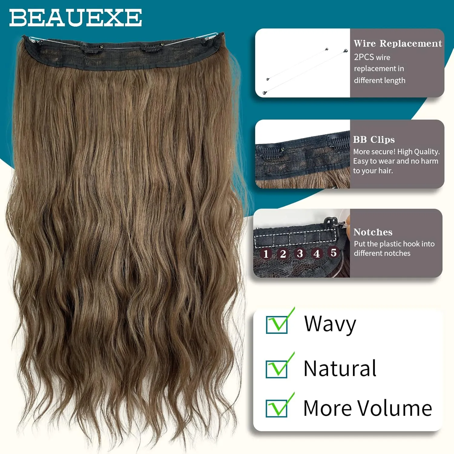 Invisible Wire Halo Hair Extensions for Women Long Wavy Adjustable Hair Pieces Removable Secure Clips Hairpieces Secret Extensions 20'' (Light Brown), 1.0 Count