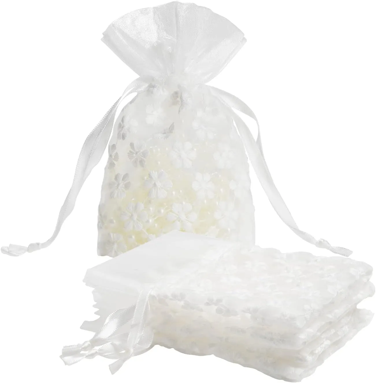 ISKYBOB Set of 20 White Lace Organza Gift Bags,Embroidery Drawstring Sachet Bag White Muslin Jewelry Pouch Rustic Wedding Favors，4 x 6IN (White)