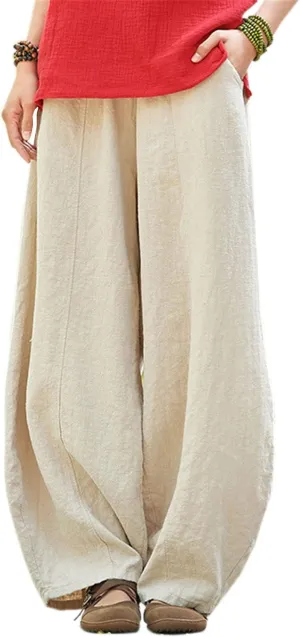 IXIMO Women's Casual Cotton Linen Baggy Pants with Elastic Waist Relax Fit Lantern Trouser