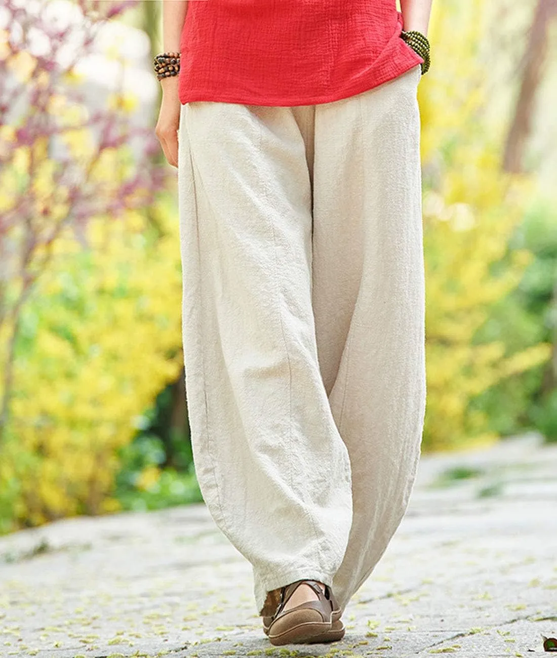 IXIMO Women's Casual Cotton Linen Baggy Pants with Elastic Waist Relax Fit Lantern Trouser