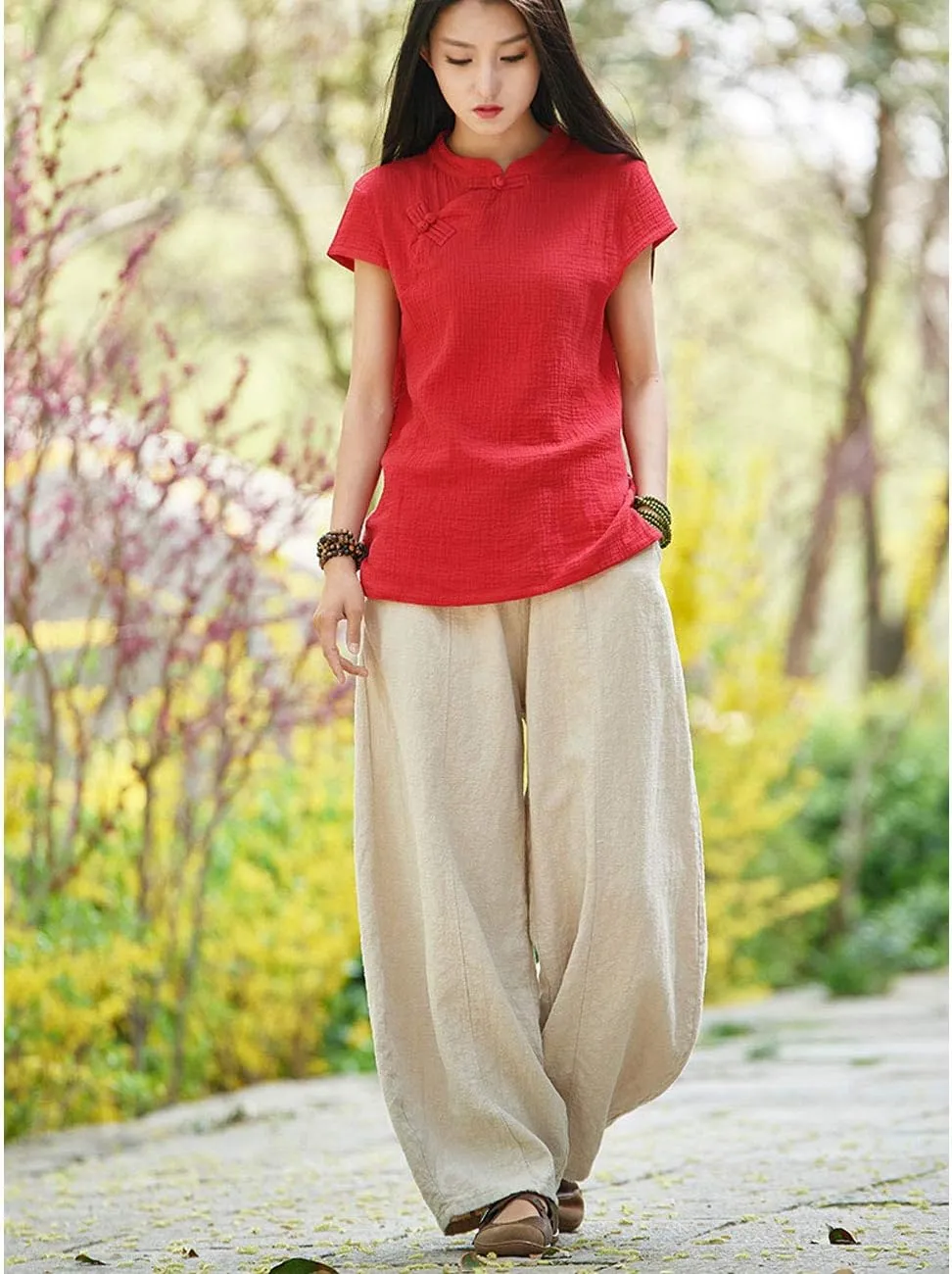 IXIMO Women's Casual Cotton Linen Baggy Pants with Elastic Waist Relax Fit Lantern Trouser