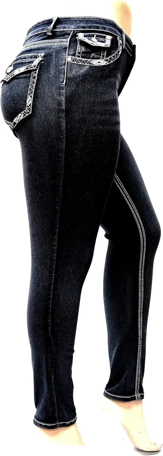 Jack David Women's Plus Size Blue/Black Curvy Stretch Flap Pocket Skinny/Bootcut/Cargo Denim Jeans Pants