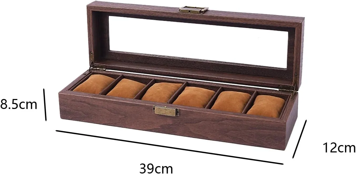 JEKKAH Wood Grain Leather Watch Box Jewelry Storage Box Glass Skylight Watch Collection Box Bracelet Watch Display Box(6 Slots)
