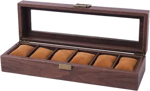 JEKKAH Wood Grain Leather Watch Box Jewelry Storage Box Glass Skylight Watch Collection Box Bracelet Watch Display Box(6 Slots)