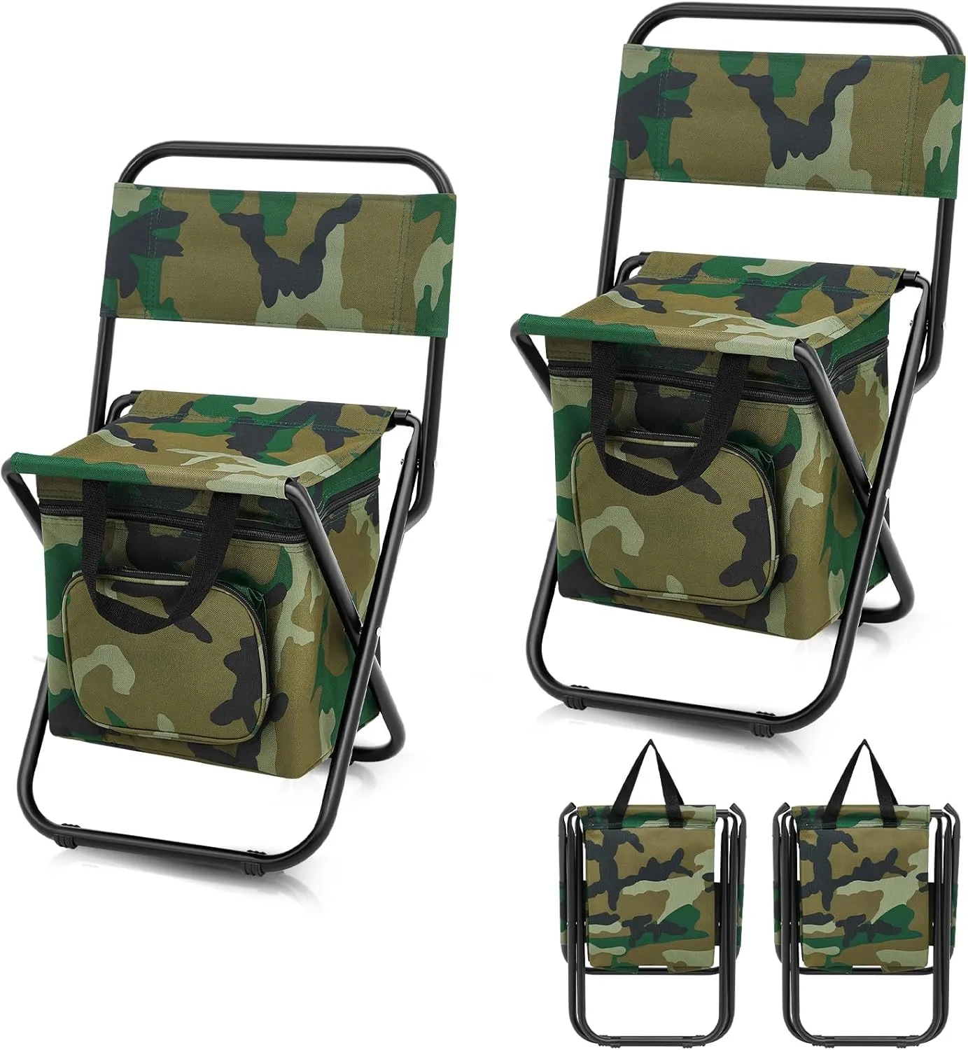 Jerify 2 Pcs Fishing Chair with Cooler Bag Multi-Function Foldable Compact Fishing Stool Hunting Chair Portable Backrest Stool with Folding Backpack for Finishing Camping Hunting Travel(Camo Color)