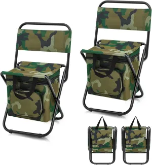 Jerify 2 Pcs Fishing Chair with Cooler Bag Multi-Function Foldable Compact Fishing Stool Hunting Chair Portable Backrest Stool with Folding Backpack for Finishing Camping Hunting Travel(Camo Color)