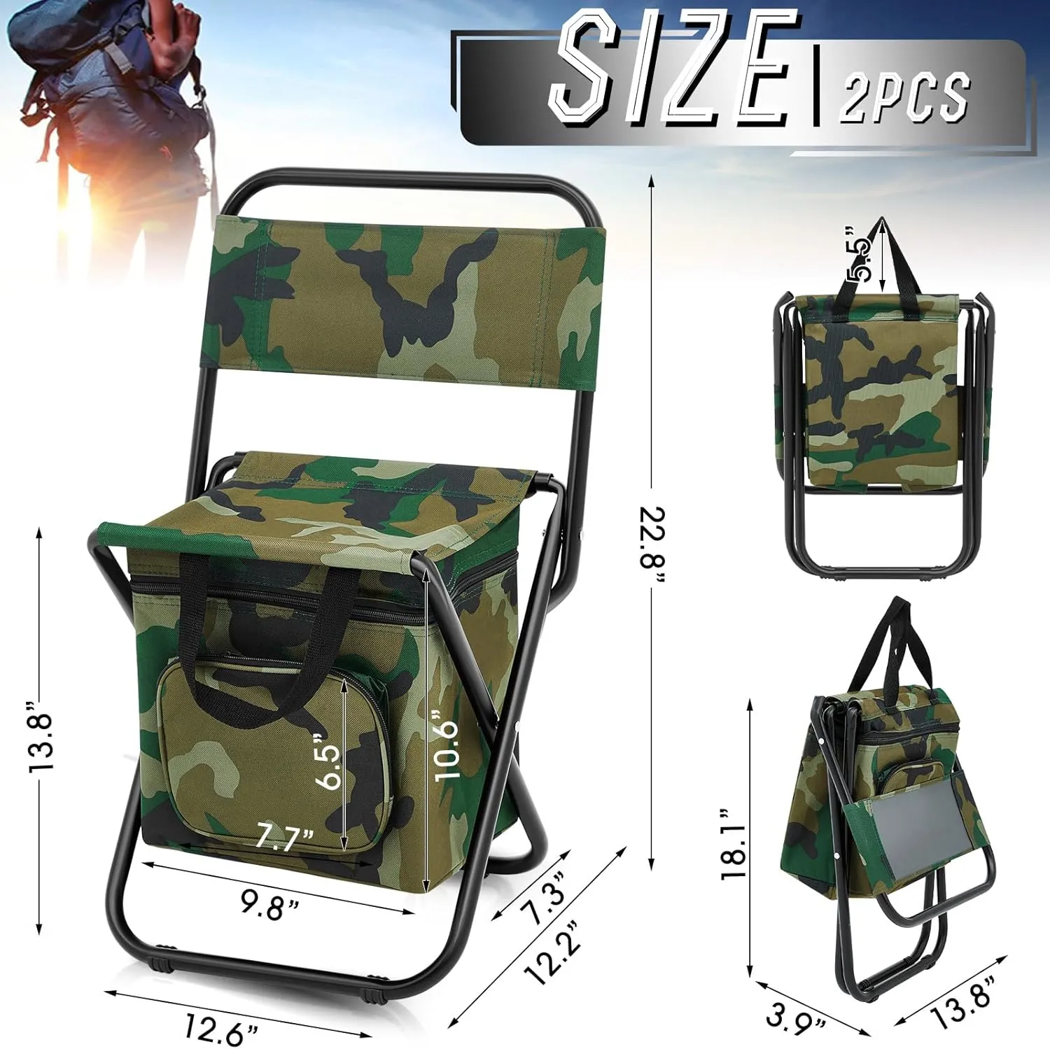 Jerify 2 Pcs Fishing Chair with Cooler Bag Multi-Function Foldable Compact Fishing Stool Hunting Chair Portable Backrest Stool with Folding Backpack for Finishing Camping Hunting Travel(Camo Color)