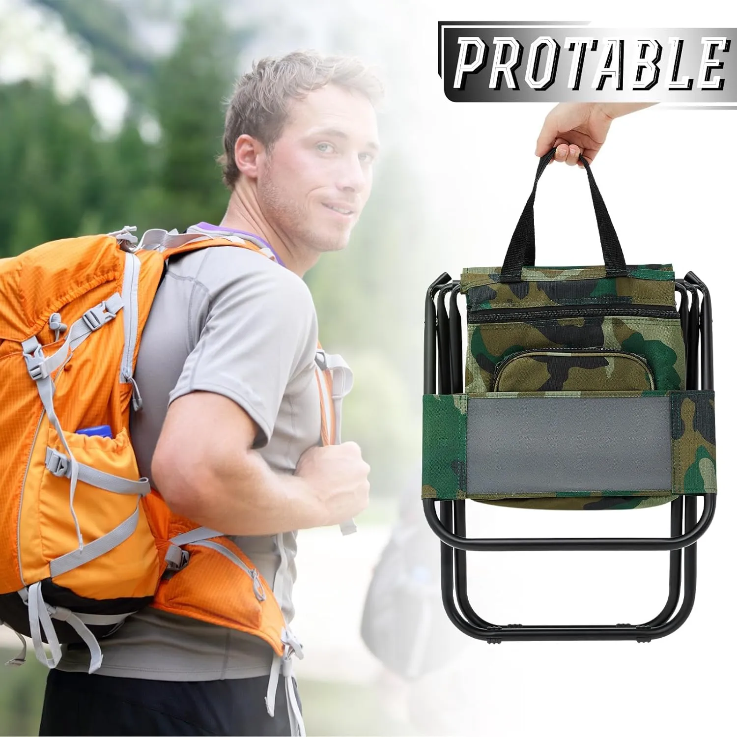 Jerify 2 Pcs Fishing Chair with Cooler Bag Multi-Function Foldable Compact Fishing Stool Hunting Chair Portable Backrest Stool with Folding Backpack for Finishing Camping Hunting Travel(Camo Color)