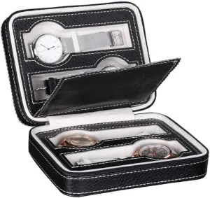 Jewelry Display Box 4 Compartments Travel Watch Case Synthetic Leather Watch Case with Zipper Portable Watch Box Watch Storage Box (Color : Black Size : S)