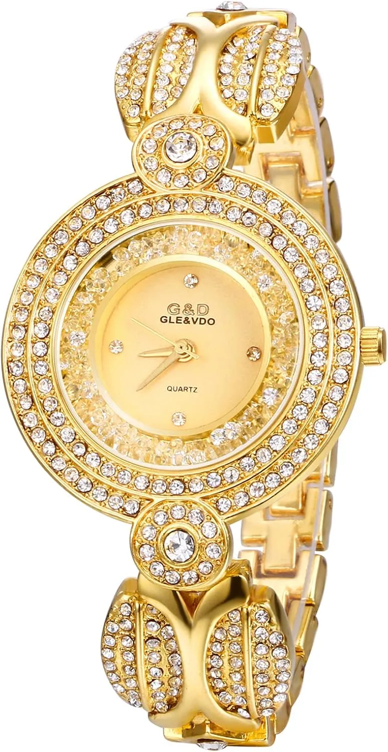 JewelryWe Womens Iced Out Watch Diamond Rhinestones Gold/Silver Wristwatch Quartz Analog Dress Watch