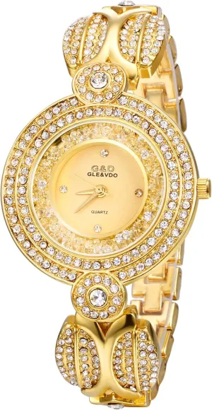 JewelryWe Womens Iced Out Watch Diamond Rhinestones Gold/Silver Wristwatch Quartz Analog Dress Watch