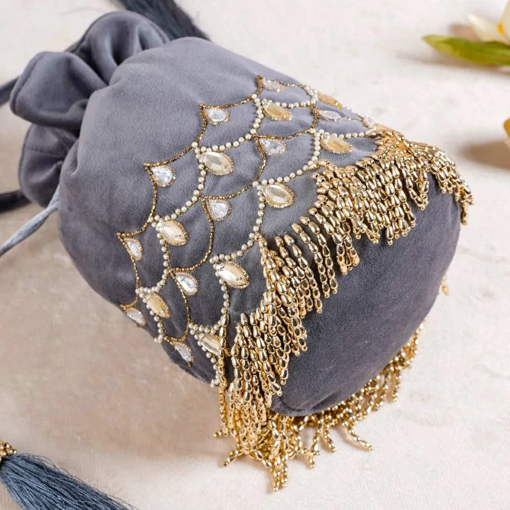 Jhoomar Velvet Potli Bag Dark Grey